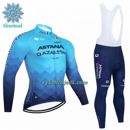 Cykeltøj Langærmet + Bib Cykelbukser Vinter 2023 Astana Qazaqstan Blå